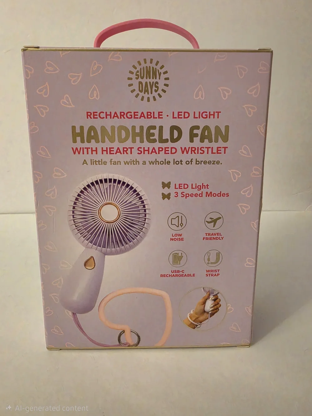 Rechargeable Handheld Fan with Heart Wristlet - Lavender